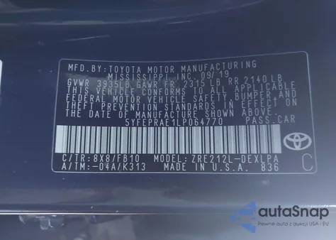 2020 Toyota Corolla Le z USA, uszkodzony, nr VIN 5YFEPRAE1LP064770